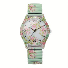 Womens/Girls Mint-Green Botanical Printed Casual Quartz Watch /Elastic Strap