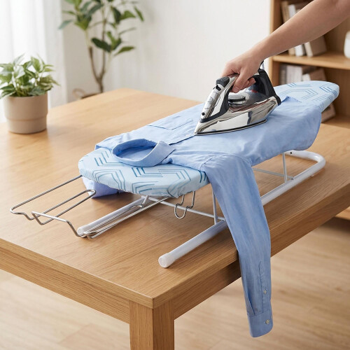 Mini-Tischbügelbrett mit Bügeleisenablage, Blau