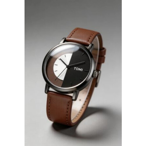 TOMI Half-See-Through Split Black & Silver Effect Half-Transparent Dial Watch 1