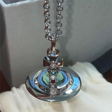 (Large-sized mint green) Women Pink Saturn Orb Pendant Necklace, Silver Tone Crystal Rhinestone Cross Planet Chain Fashion Jewellery Gift