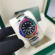 (Rainbow steel strip, Ghost black) Men Rainbow Crystal Bezel Watch, Green Dial Date Display, Silver Stainless Steel Bracelet