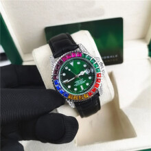 (Rainbow belt water ghost green) Men Rainbow Crystal Bezel Watch, Green Dial Date Display, Silver Stainless Steel Bracelet