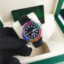 (Rainbow belt water spirit black) Men Rainbow Crystal Bezel Watch, Green Dial Date Display, Silver Stainless Steel Bracelet