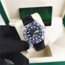 (Rainbow Belt Yacht - Silver and Black) Men Rainbow Crystal Bezel Watch, Green Dial Date Display, Silver Stainless Steel Bracelet