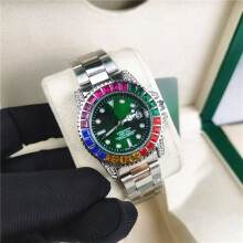 (Rainbow steel strip, Ghost Green) Men Rainbow Crystal Bezel Watch, Green Dial Date Display, Silver Stainless Steel Bracelet