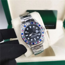 (Rainbow steel strip yacht - silver black) Men Rainbow Crystal Bezel Watch, Green Dial Date Display, Silver Stainless Steel Bracelet