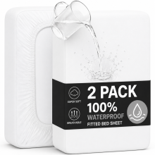 (Double, White) 2 Pack Waterproof Fitted Sheet with Extra Deep 30cm Pocket