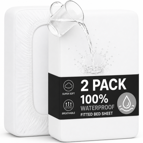 (Double, White) 2 Pack Waterproof Fitted Sheet with Extra Deep 30cm Pocket