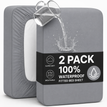(Double, Grey) 2 Pack Waterproof Fitted Sheet with Extra Deep 30cm Pocket