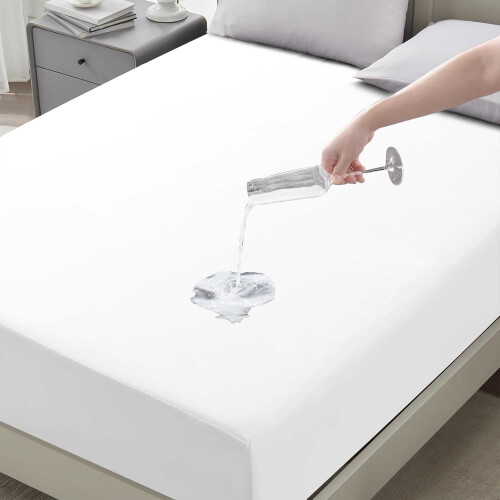 (Double, White) 2 Pack Waterproof Fitted Sheet with Extra Deep 30cm Pocket 1
