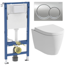 Rimless Wall Hung Toilet Pan with Geberit Duofix 1120mm Concealed Dual Flush Cistern Frame and Round Flush Plate