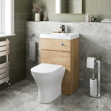 2 in 1 Back to Wall BTW Toilet Wash Basin Combi Unit Space Saving D Shape Pan Soft Close Dual Flush Oak