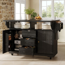 (Black) Roomfitters 142.5cm Kitchen Island Double Drop Leaf Serving Trolley Cart PE Rattan Drawers Side Shelves Towel Rail 5 Wheels