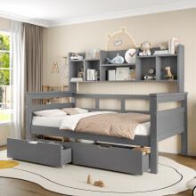 (Grey) Roomfitters 3ft Wooden Storage Bed Frame Bookcase Headboard 2 Drawers Safety Guardrail Slats Bedroom Dorm Furniture