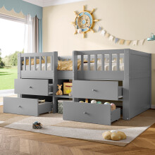 (Grey) Roomfitters 3ft Low Loft Bed Solid Wood Frame 4 Storage Drawers Stepped Storage Safety Guardrail Wooden Slats No Box Spring