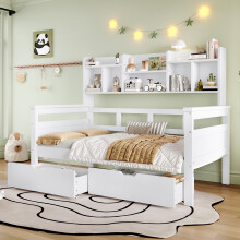 (White) Roomfitters 3ft Wooden Storage Bed Frame Bookcase Headboard 2 Drawers Safety Guardrail Slats Bedroom Dorm Furniture