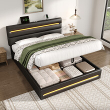(Double) Roomfitters Ottoman Bed Frame Hydraulic Storage Gas Lift Adjustable Headboard App RGB LED Lights USB Type C Ports Wooden Slats