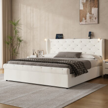 (Beige, King) Roomfitters Ottoman Bed Frame Hydraulic Storage Gas Lift Diamond Tufted Headboard Reading Light USB Type C Ports Wooden Slats