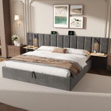 (Super King) Roomfitters Ottoman Bed Frame Hydraulic Storage Gas Lift Upholstered Wide Headboard Reading Light Bedside Tray Ports