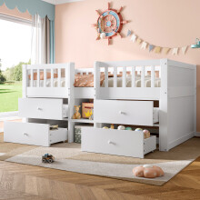 (White) Roomfitters 3ft Low Loft Bed Solid Wood Frame 4 Storage Drawers Stepped Storage Safety Guardrail Wooden Slats No Box Spring