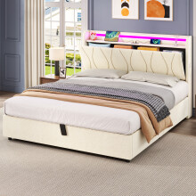 (Beige, Double) Roomfitters Ottoman Bed Frame Hydraulic Storage Gas Lift LED Headboard USB Type C Ports Pockets No Box Spring Needed