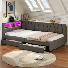 (Grey) Roomfitters 3ft Daybed Upholstered Sofa Bed Frame 2 Storage Drawers Shelves App RGB LED Lights USB Type C Ports Wooden Slats Base
