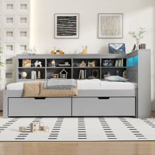 (Grey, Single) Roomfitters Wooden Daybed Frame 2 Storage Drawers Shelves Headboard App RGB LED Lights USB Power Outlets Slats Furniture