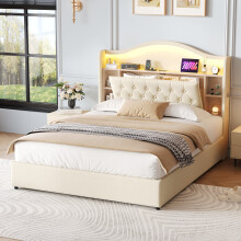 (Double) Roomfitters Ottoman Bed Frame Hydraulic Storage Curved Headboard Concealed Storage App RGB LED USB Type C Pockets Linen