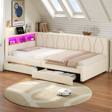 (Beige) Roomfitters 3ft Daybed Upholstered Sofa Bed Frame 2 Storage Drawers Shelves App RGB LED Lights USB Type C Ports Wooden Slats Base