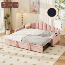 (Pink) Roomfitters Daybed Upholstered Sofa Bed Pull Out Trundle Side Charging Station Fluted Scalloped Backrest Storage Pockets