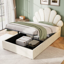 (Beige) Roomfitters 3ft Ottoman Bed Frame Hydraulic Storage Gas Lift Adjustable Petal Headboard Upholstered Slats Base Bedroom Furniture