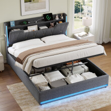 (King) Roomfitters Ottoman Bed Frame Hydraulic Storage X-Shape Headboard App RGB LED Lights USB Type C Ports Linen Slats Support