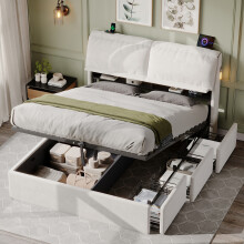 (Cream White) Roomfitters Ottoman Bed Frame Hydraulic Storage Back Cushion Headboard Flip-Top Storage 3 Drawers Charging Station LED Light