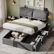 (Grey) Roomfitters Ottoman Bed Frame Hydraulic Storage Back Cushion Headboard Flip-Top Storage 3 Drawers Charging Station LED Light