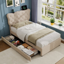 (Beige) Roomfitters Storage Bed Frame 2 Drawers Rivet Tufted Headboard USB Type C Ports Adjustable Height Linen Wooden Slats