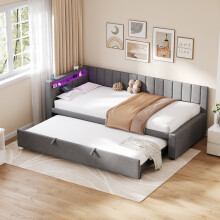 (Grey) Roomfitters 3ft Daybed Upholstered Sofa Bed Pull Out Trundle App RGB LED Lights USB Charging Station Bedside Shelves Slats