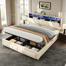 (Beige) Roomfitters 5ft King Linen Upholstered Ottoman Bed Frame with Gas Lift Storage, 2 Drawers, LED Adjustable Headboard, Slat Support Base