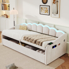 (Beige) Roomfitters Ottoman Bed Petal Headboard Hydraulic Storage App RGB LED Lights USB Charging Station Pockets Upholstered