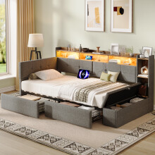 (Grey) Roomfitters Daybed Frame Ottoman Storage 2 Drawers Button Tufted Headboard App RGB LED Lights USB Type C Ports Linen Slats