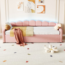(Pink) Roomfitters Petal Shape Upholstered Bed No Mattress, Daybed, Sofa Bed with RGB LED Lighting, Trundle, Velvet