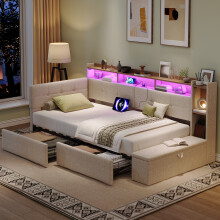 (Beige) Roomfitters Daybed Frame Ottoman Storage 2 Drawers Button Tufted Headboard App RGB LED Lights USB Type C Ports Linen Slats
