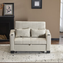 (Beige) Roomfitters 140cm 2 Seater Sofa Bed Pull Out Sleeper Folding Settee Recliner Couch 2 Pillows Pockets Living Room Lounge Furniture