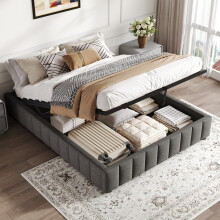 (Grey) Roomfitters 4ft6 Ottoman Bed Frame No Headboard Hydraulic Storage Channel Tufted Linen Side Pockets Wooden Slats Base