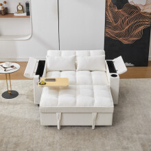 (Beige) Roomfitters 140.5cm 2 Seater Sofa Bed Click Clack Pull Out Futon USB Type-C Hidden Table Recliner Couch 2 Pillows Living Furniture