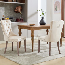 (Set of 6, Beige) Roomfitters Dining Chairs High Back Button Tufted Kitchen Lounge Accent Seats Solid Wood Legs Rivet Trim Knocker Ring