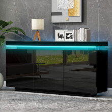 (Black) Roomfitters 140cm High Gloss Sideboard RGB LED Push-to-Open 2 Doors 3 Drawers Cupboard Buffet Storage Cabinet Living Room Unit Desk Base
