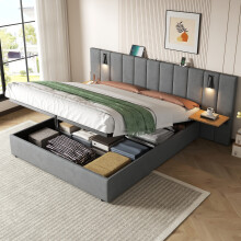 (King) Roomfitters Ottoman Bed Frame Hydraulic Storage Gas Lift Upholstered Wide Headboard Reading Light Bedside Tray Ports