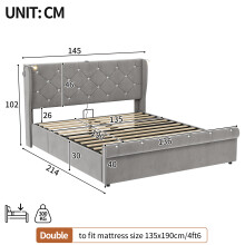(Grey, Double) Roomfitters Ottoman Bed Frame Hydraulic Storage Gas Lift Diamond Tufted Headboard Reading Light USB Type C Ports Wooden Slats