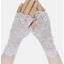 Guanti corti da donna in pizzo floreale, trasparenti, per matrimoni, spose, feste serali, bianchi