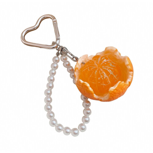 Resin Fruit Pendant Keyring with Heart Clasp and Beaded Loop, Small Bag Charm Backpack Accessory 1 Piece  Orange
